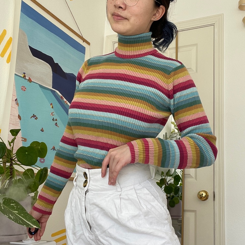 vintage retro metallic striped knit turtleneck sweater